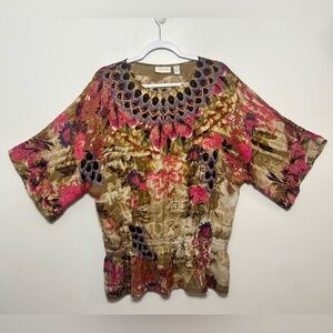 Chicos Floral and Feathers Stud Accent Blouse